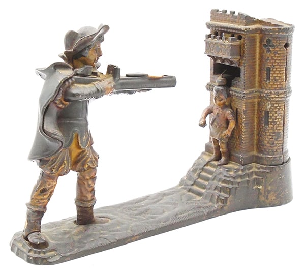 J&E STEVENS WILLIAM TELL MECHANICAL BANK: painted cast iron, working, 10 1/2" long, needs cleaning, C5-6.