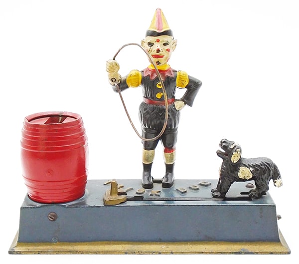 HUBLEY TRICK DOG MECHANICAL BANK: painted cast iron, 8 3/4" long, working, w/trap, C8.