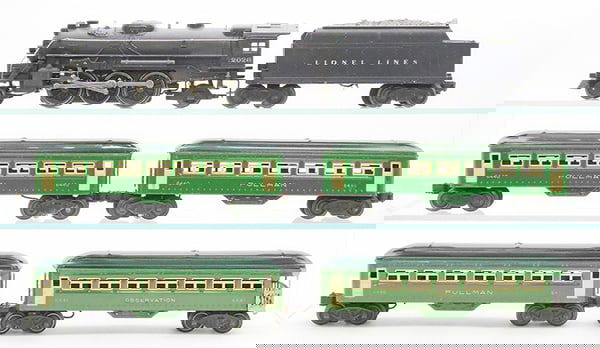 LIONEL TRAIN SET: O ga, 2026 loco, 6466W tender, 3 #6440 Pullmans, 6441 obsv, cars are 2-tone green w/yellow inserts, C6-7.
