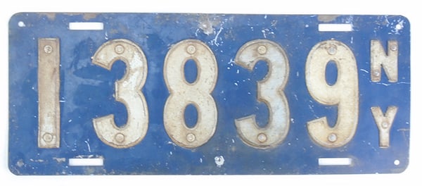 NEW YORK 1910 LICENSE PLATE: metal w/riveted numbers, 15" x 6", 2 nail holes, C5.