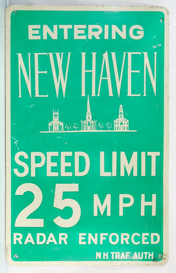 NEW HAVEN SIGN: painted steel, 48" x 30", from Connecticut, C6-7.