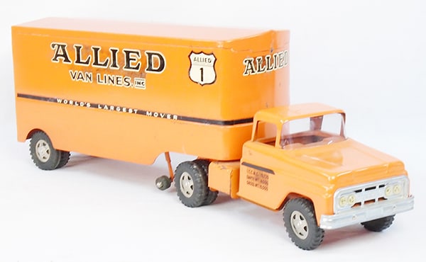 TONKA 1962-63 #38 ALLIED MOVING VAN: painted pressed steel, orange, 25" long, minor decal wear, C7.