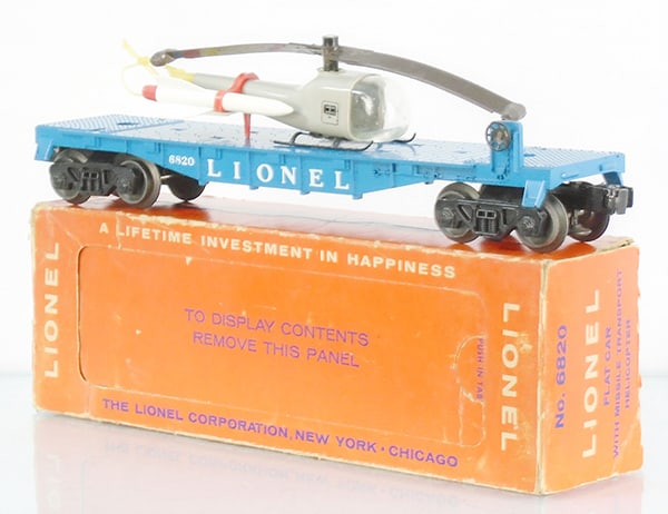 LIONEL 6820 AERIAL MISSILE TRANSPORT CAR: O ga, orig helicopter, orig box worn w/inner tape flap repairs, C8.