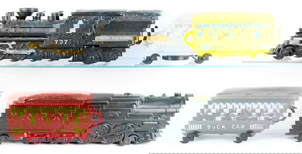 2 MARX TRAIN SETS: O ga, blow mold plastic, loco, cattle car, dock car, 39", all when squeezed make noise, loco is 20", C7-8.