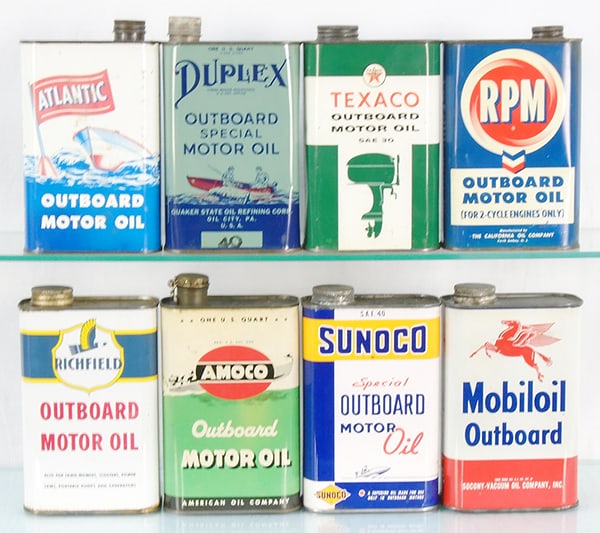 8 MARINE OUTBOARD MOTOR OIL CONTAINERS: steel, quart sizes, 8" tall, C6-8.