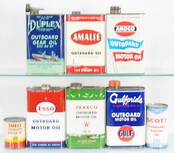 8 MARINE OUTBOARD MOTOR OIL CONTAINERS: steel, 3 1/4" x 8 1/2", Duplex has ding on 1 side, C6-8.