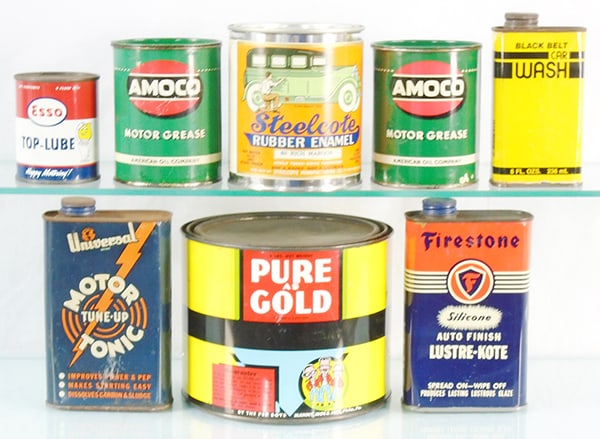 8 AUTOMOTIVE CONTAINERS: steel, 8 ozs to 5 lbs containers, motor tonic has minor wear, C5-8.