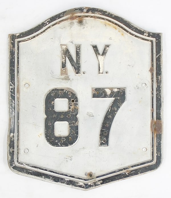 NY 87 ROAD SIGN: embossed steel, 19" x 16 1/2", replaced reflectors, C5.