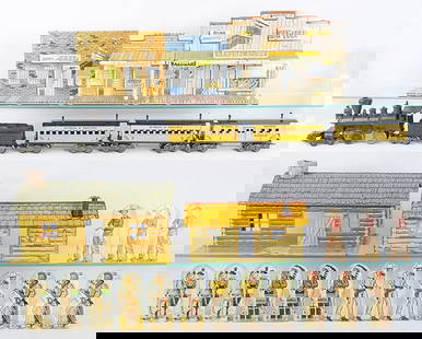 MARX WESTERN TRAIN OUTFIT: O ga, #1 plastic loco, windup working, w/tender & 3 coaches, w/3 litho tin buildings, largest is 28", 14 metal figures, C6-8.