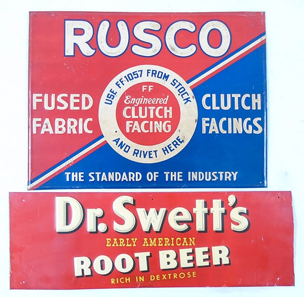 2 EMBOSSED ADVERTISING SIGNS: litho tin, Rusco, 23" x 17", Dr. Swett's, 27" x 9", C7-8.