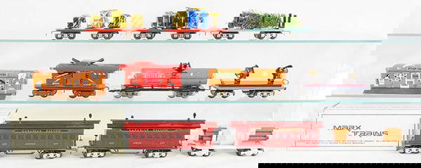 NEW MARX TRAINS: O ga, litho tin, 6 freight cars, 2 Canadian Pacific coaches, Haunted House, 2 bridges, metal military signs, 2 flat unassembled cars, C7-10.