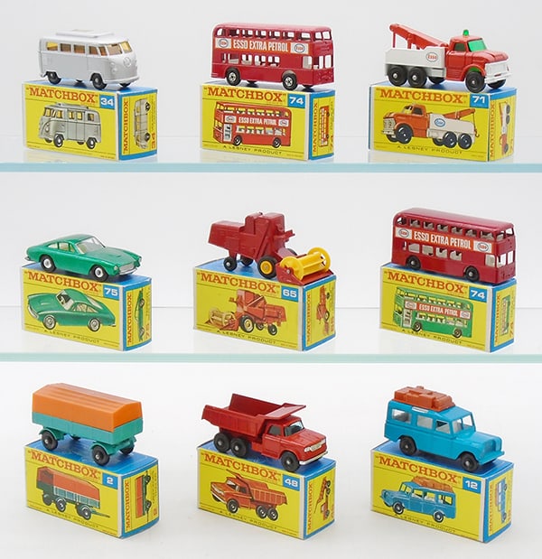 9 MATCHBOX VEHICLES: 34D1 Volkswagen, 74A1 Superfast Bus, 71C3 Wrecker, 75B4 Ferrari, 65C1 Combine, 74B4 Bus, 2D1 Trailer, 48C2 tipper, 12C3 Land Rover, F orig boxes minor wear, C8-9.