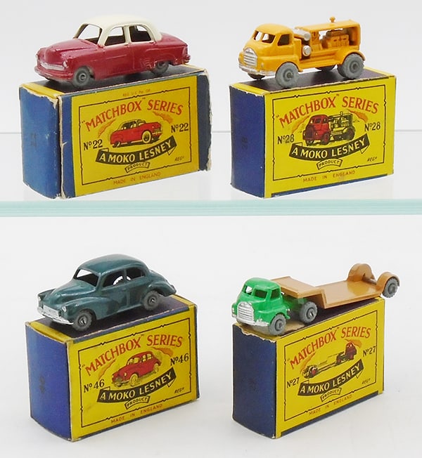 4 MATCHBOX MOKOS: 22A1 Vauxhall Cresta, 28A1 Compressor Truck, 46A2 Morris Minor, 27B1 Bedford Low Loader, B2 orig boxes minor wear, C8-9.