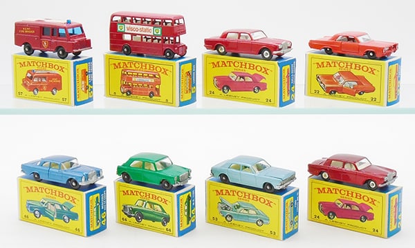 8 MATCHBOX VEHICLES: 57C2 Fire Engine, 5D3 Bus, 2 #24C1 Rolls Royces, 22C2 Pontiac, 46C2 Mercedes, 64B1 MG, 53C1 Zodiac, E4 orig boxes minor wear, C8-9.
