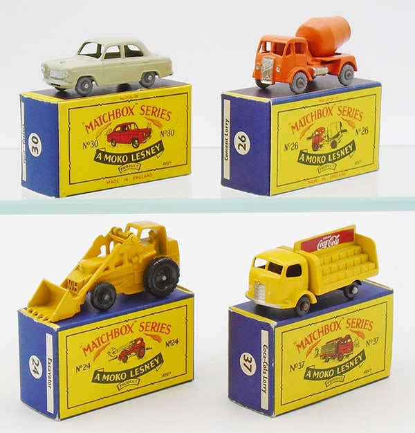 4 MATCHBOX MOKOS: 30A2 Ford Prefect, 26A3 Cement Lorry, 24B2 Excavator, 37B3 Coca Cola Lorry, B4 orig boxes minor wear, C8-9.