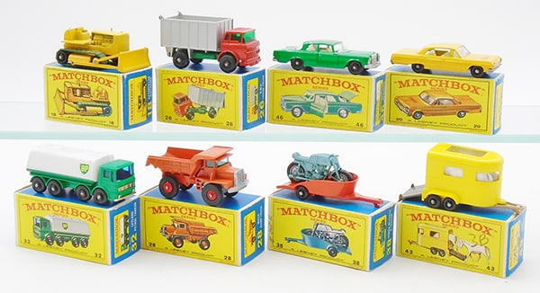 8 MATCHBOX VEHICLES: 18D2 Bulldozer, 26C1 GMC Tipper, 46C1 Mercedes, 20C3 Taxi, 32C2 BP Tanker, 28D1 Mack Tipper, 38C1 Honda Motorcycle, 43C1 Pony Trailer, E4 orig boxes minor wear, C8-9.