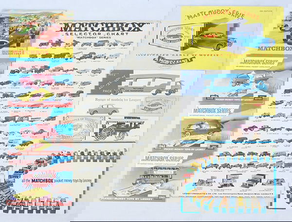 7 MATCHBOX CATALOGS: 1959, 1959 2nd edition, 1960, 1961, 1962, 1963, 1965, w/laminated 2-sided selector chart, C7-8.