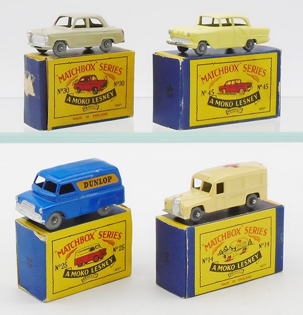 4 MATCHBOX MOKOS: 30A1 Ford Prefect, 45A3 Vauxhall Victor, 25A1 Dunlop Van, 14B3 Daimler Ambulance, B2 orig boxes minor wear, C8-9.