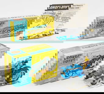 CORGI TRACTOR SET: 67 Ford Tractor, 61 Plough, blue, orig boxes & instructions, C8-9.