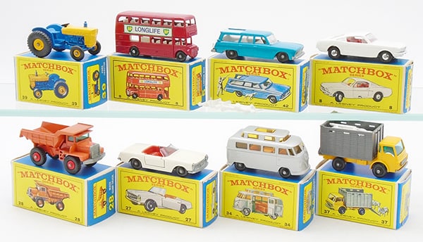 8 MATCHBOX VEHICLES: 39C1 Tractor, 5D3 Bus, 42B2 Studebaker, 8E1 Mustang, 28D1 Mack Dump, 27D1 Mercedes, 34C1 Volkswagen, 37C2 Cattle Truck, E4 orig boxes minor wear, C8-9.