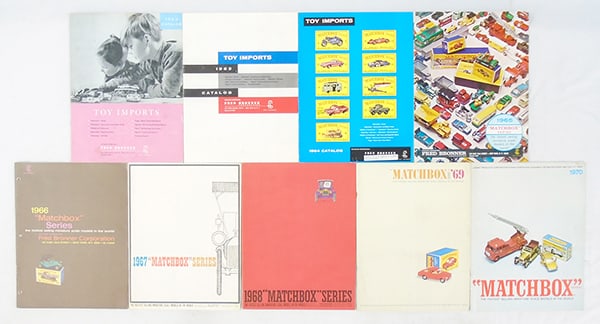 9 MATCHBOX DEALER CATALOGS: 8 1/2" x 11", 1962, 1963, 1964, 1965, 1966 w/binder holes, 1967, 1968, 1969 w/Consumer catalog, 1970, catalogs have minor wear, C7-8.