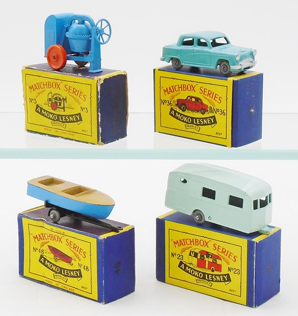 4 MATCHBOX MOKOS: 3A1 Cement Mixer, 36A1 Austin, 48A1 Meteor Boat, 23B1 Berkley Caravan, B2 orig boxes minor wear, C8-9.
