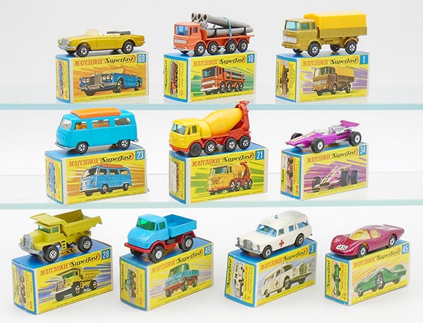 10 MATCHBOX SUPERFASTS: 69A13, 10A3, 1A3, 23A2, 21A2, 34A1, 28A1, 49A1, 3A1, w/stretchers, 45A30, orig boxes, C9.