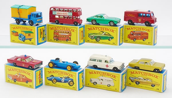 8 MATCHBOX VEHICLES: 60B1 Site Truck, 5D3 Bus, 75B2 Ferrari, 57C2 Fire Truck, 59C2 Fire Chief, 52B3 BRM, 3C2 Ambulance, 36C2 Opel, E4 orig boxes minor wear, C8-9.