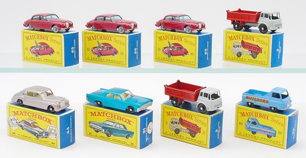 8 MATCHBOX VEHICLES: 3 #65B3 Jaguars, 2 #3B4 Tippers, 44B5 Rolls Royce, 31C1 Lincoln, 60A6 Morris Pick Up, orig boxes minor wear, C8-9.