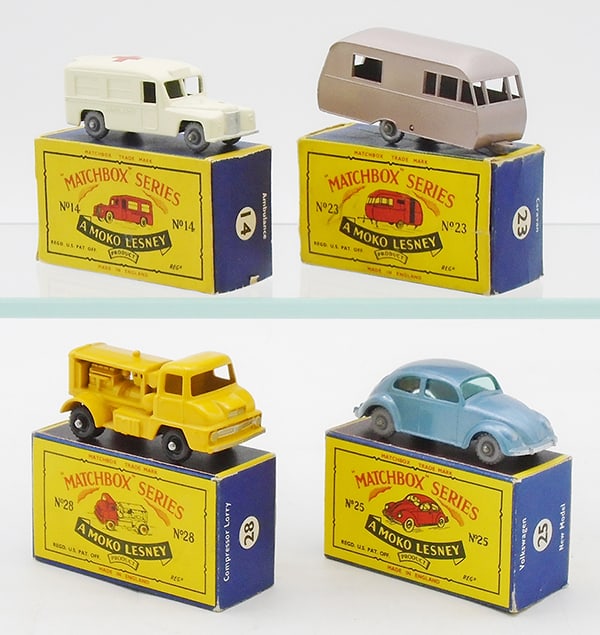 4 MATCHBOX MOKOS: 14B1 Daimler Ambulance, 23C2 Bluebird Caravan, 28B2 Thames Compressor, 25B2 Volkswagen, B5 orig boxes minor wear, C8-9.