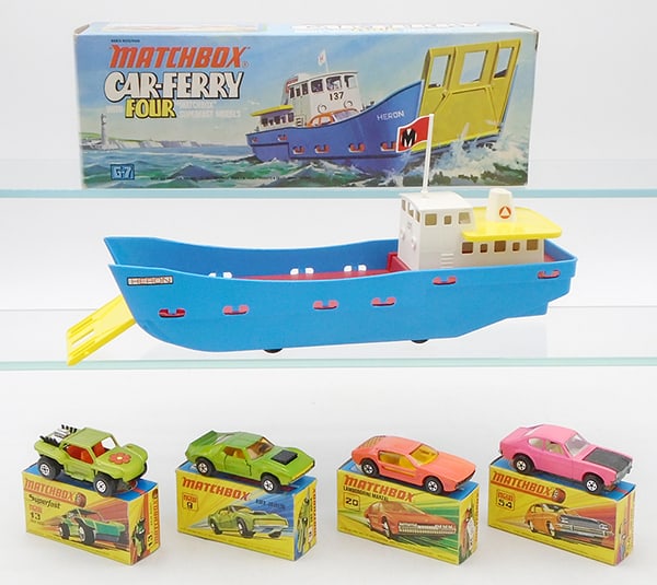 MATCHBOX CAR FERRY: contains 13B1, 9B2, 20A3, 54B1, w/plastic boat, orig box & insert minor wear, C8-9.