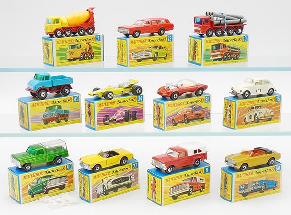 11 MATCHBOX SUPERFASTS: 21A1, 73A2, 10A1, 49A1, 34A16, 36B1, 15A1, front wheel incom, 50A1, 27A4, 6A2, 69A9, orig boxes, 1 w/sticker, C9.