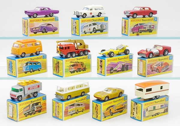11 MATCHBOX SUPERFASTS: 23A3, 3A1 w/stretcher, 24A1, 23A6, 30A2, 34A15, 19A1, 11A1, 12B2, 33A8, 57B1, orig boxes, 1 w/minor wear, C9.