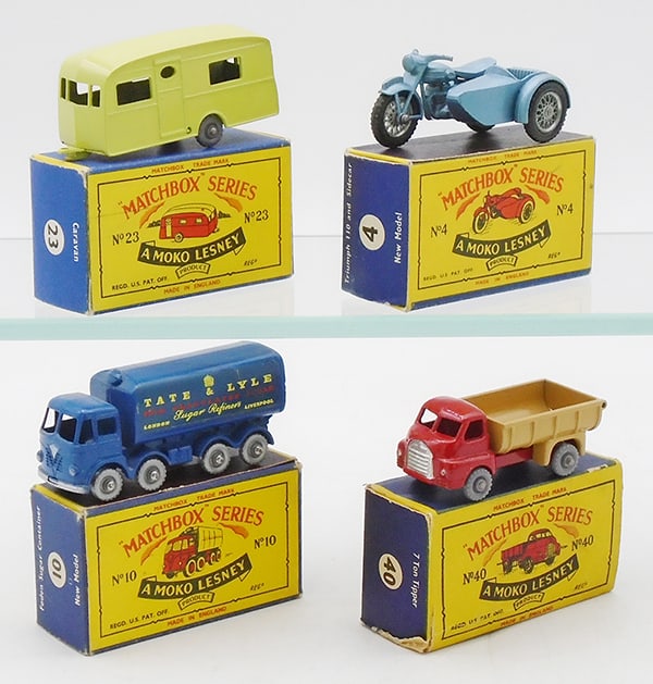 4 MATCHBOX MOKOS: 23B3 Berkeley Caravan, 4C1 Triumph Motorcycle, 10C3 Foden Sugar Truck, 40A2 Bedford Tipper, B5 orig boxes minor wear, 1 is missing 1 end, C8-9.