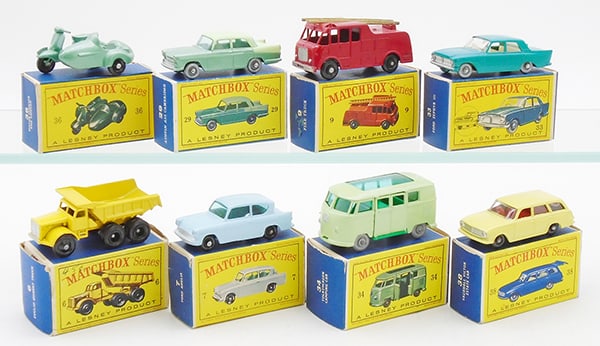 8 MATCHBOX VEHICLES: 36B2 Scooter, 29B2 Austin, 9C3 Fire Engine, 33B2 Zephyr, 6C1 Quarry Truck, 7B3 Ford, 34B2 Volkswagen, 38B6 Vauxhall, D orig boxes minor wear, C8-9.