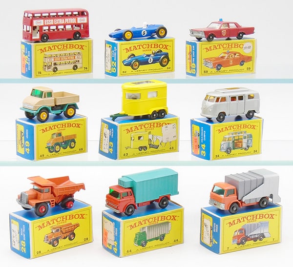 9 MATCHBOX VEHICLES: 74B4, 52B3, 59C2, 49B1, 53C2, 34D1, 28D1, 44C1, 7C1, orig boxes minor wear, C9.