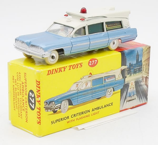 DINKY 277 SUPERIOR AMBULANCE: silvery blue & white, 2 rear windows have scratches, w/instruction sheet, orig box, C8.