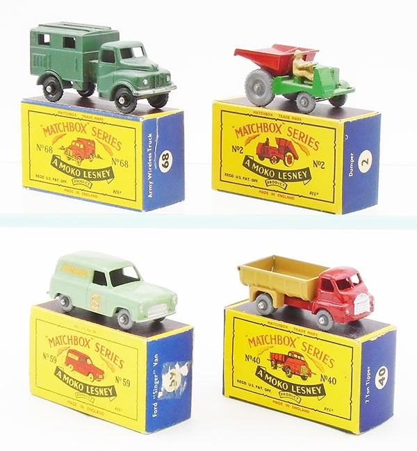 4 MATCHBOX MOKOS: 68A1 Army Radio Truck, 2B2 Dumper, 59A1 Ford Singer Van, 40A3 Tipper, B5 orig boxes minor wear, C8-9.