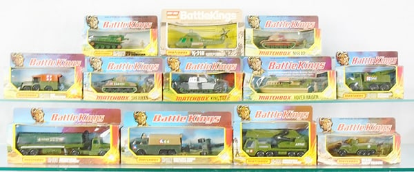 12 MATCHBOX BATTLE KINGS: K107, K118, K102, K112, K101, K104, K105, K110, K115, K116, K113, K108, orig boxes & inserts minor wear, C9.