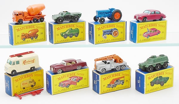 8 MATCHBOX VEHICLES: 26B4 Cement Lorry, 61A1 Scout Car, 72A2 Tractor, 65B4 Jaguar, 62B2 TV Truck, missing antenna, 53B1 Mercedes, 30B3 Crane, 54A1 Personnel Carrier, D orig boxes minor wear, C8-9.