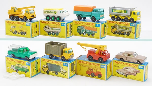 8 MATCHBOX VEHICLES: 63C2 Crane Truck, 61B1 Alvis Stewart, 1E1 Mercedes, 51C4 Tipper, 50C2 Kennel Truck, 37C2 Cattle Truck, 42C1 Iron Fairy, 25D1 Cortina, F orig boxes minor wear, C8-9.