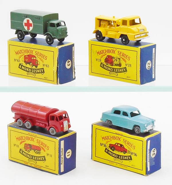 4 MATCHBOX MOKOS: 63A1 Army Ambulance, 28B2 Compressor Lorry, 11B3 Petrol Tanker, 36A2 Austin, B4 orig boxes minor wear, C8-9.