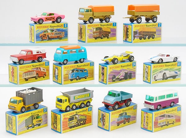 11 MATCHBOX SUPERFASTS: 8B4, 1A1, 2A1, 6A3, 23A2, 34A15, 41A3, 37A3, 51A1, 12B5, 49A2, orig boxes, 1 worn, C9.