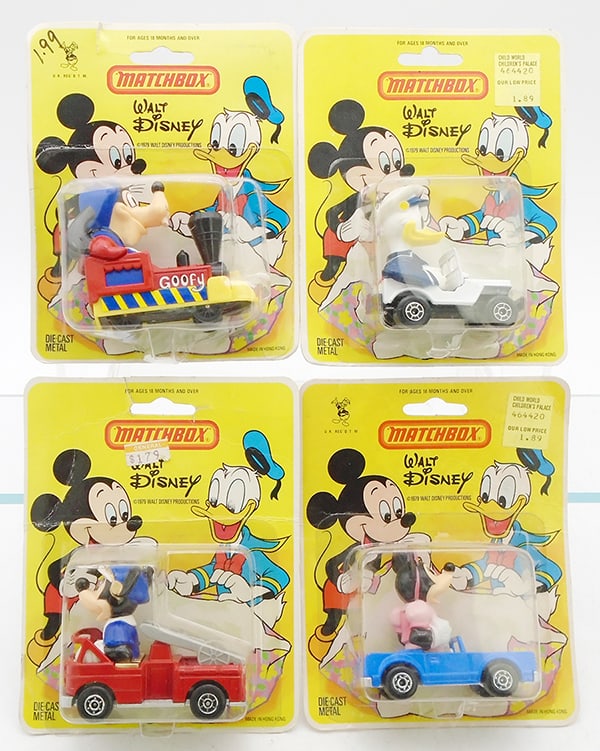 4 MATCHBOX WALT DISNEY BLISTER PACKS: WD10 Goofy, WD6 Donald Duck, WD1 Mickey Mouse, WD4 Minnie Mouse, factory sealed on orig cards, C10.