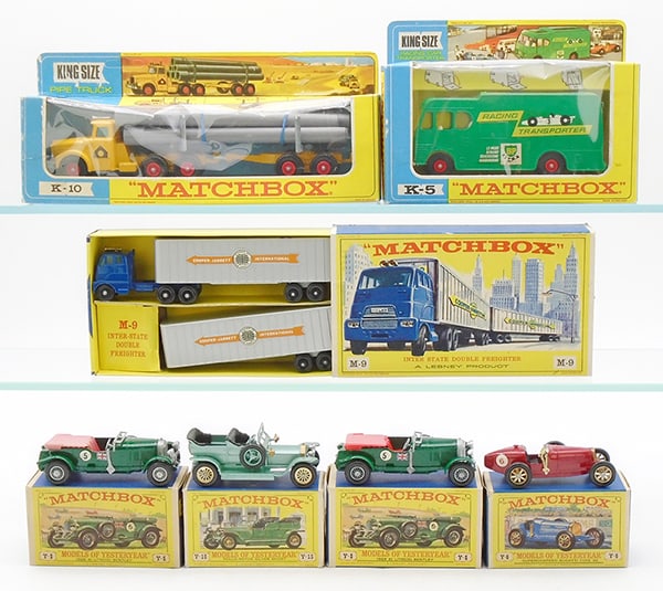 7 MATCHBOX VEHICLES: K10B1, K5B1, M9A5, Y5B6, w/faded tonneau, Y15A3, Y5B6, orig boxes minor wear, C7-9.