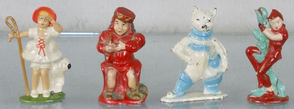 4 TOMMY TOY CHARACTER FIGURES: die cast, Little Bo Peep, Old King Cole, Puss in Boots, Jack in the Beanstalk, C5-7.