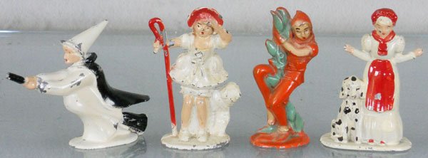 4 TOMMY TOY CHARACTER FIGURES: die cast, Old Mother Witch, Little Bo Peep, Jack in the Beanstalk, Old Mother Hubbard, C4-6.