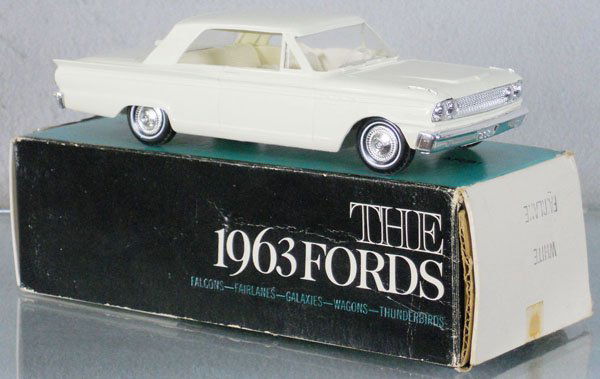 AMT 1963 FORD FAIRLANE PROMO: off-white, opening hood, orig box minor wear, C8.