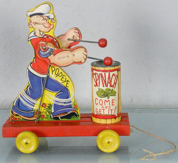 FISHER PRICE 488 POPEYE DRUMMER: wood & litho paper, 9 1/2" tall, some minor edge wear, C7.