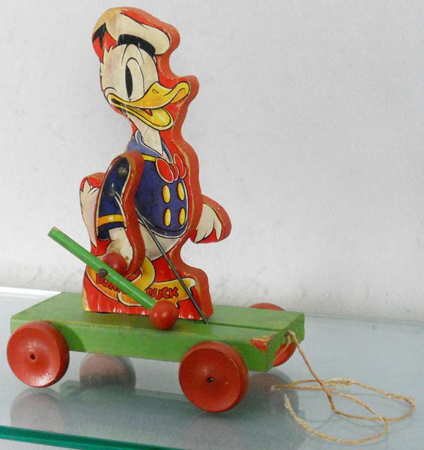 FISHER PRICE 550-463 DONALD DUCK: wood & litho paper, 10" tall, paper curling, minor edge wear, C6.